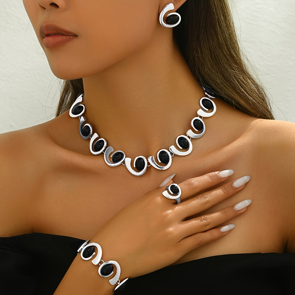 5pcs Elegant Jewelry Set with Black Acrylic Geometric Spiral & Snail Design - Golden-Toned Necklace, Bracelet, Stud Earrings, Ring - Ideal for Daily Wear & Parties, Vintage Jewelry SHOWLU FASHION STORE