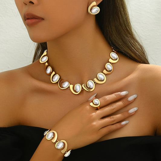 4pcs Women'S Spiral Faceted Mosaic Acrylic Ellipse Choker Necklace Bracelet Ring Earrings Set - Luxurious and Elegant Jewelry Set for Daily and Music Festival Occasions - Style: Vacation, Simple - Main Material: Zinc Alloy - SHOWLU FASHION STORE