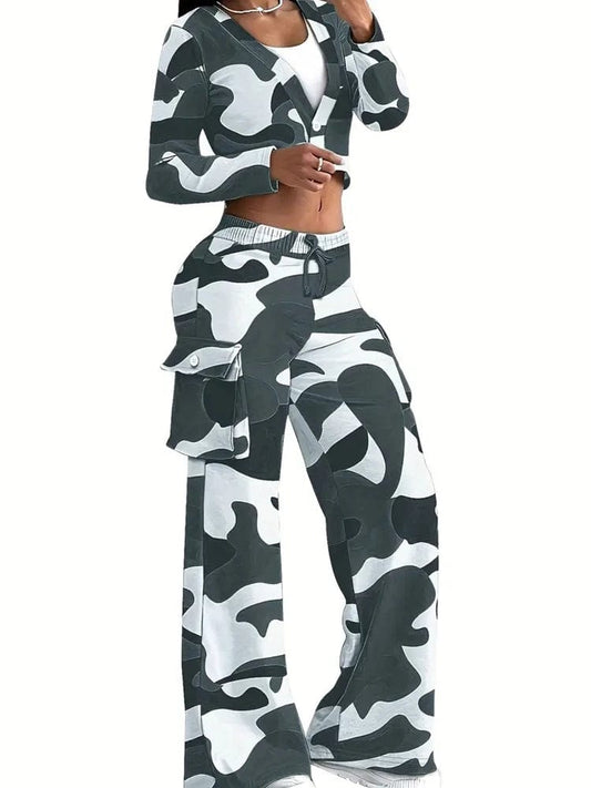 Camouflage Printed Casual Set Fashionable Sexy Short Top Casual Pants Two - piece Set Women's Sports Suit Outdoor Clothing - SHOWLU FASHION STORE