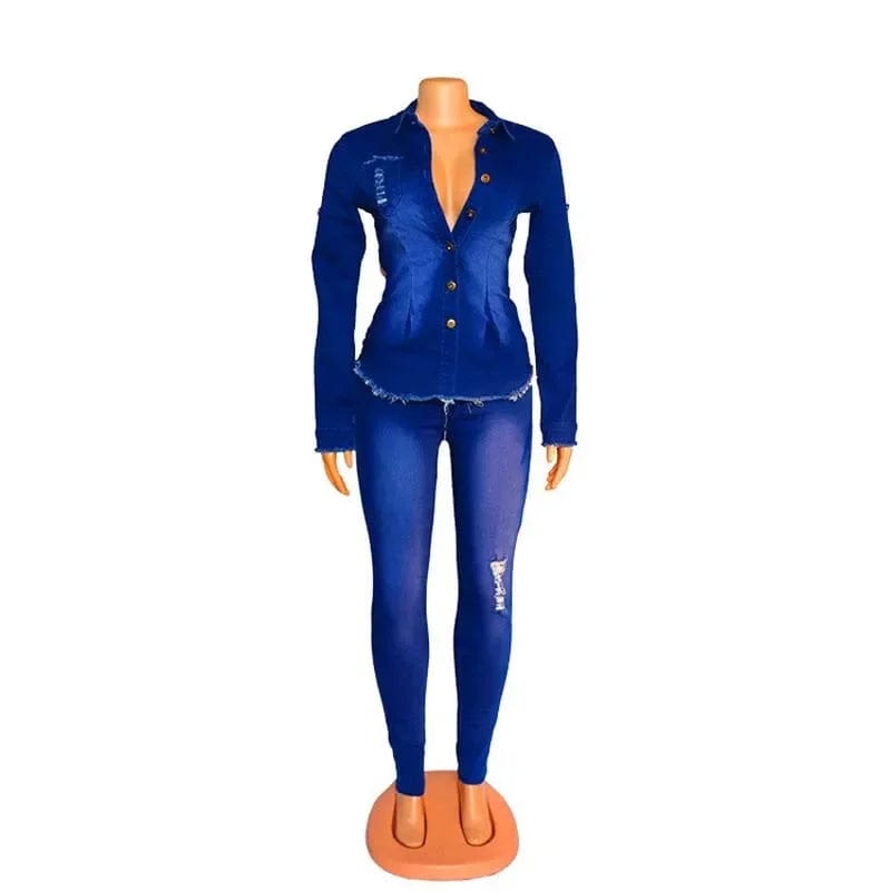 Casual Denim 2 Piece Set Jeans Suit Women Blue Long Sleeve Jeans Jacket Long Pants Slim Tracksuit Outfits Spring Autumn - SHOWLU FASHION STORE