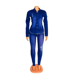 Casual Denim 2 Piece Set Jeans Suit Women Blue Long Sleeve Jeans Jacket Long Pants Slim Tracksuit Outfits Spring Autumn - SHOWLU FASHION STORE