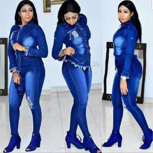 Casual Denim 2 Piece Set Jeans Suit Women Blue Long Sleeve Jeans Jacket Long Pants Slim Tracksuit Outfits Spring Autumn - SHOWLU FASHION STORE