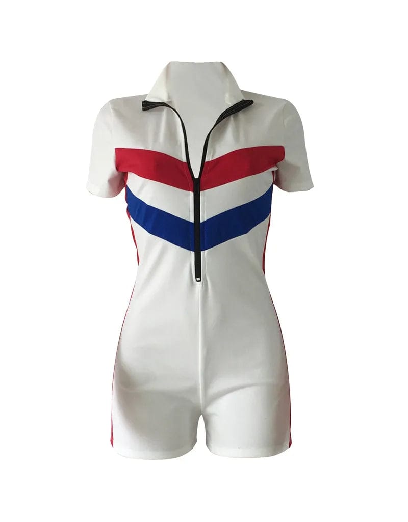 Casual Striped Bodysuits Summer Playsuits Bodycon Jumpsuit Shorts for Women Short Sleeve Turtleneck Zipper Romper - SHOWLU FASHION STORE