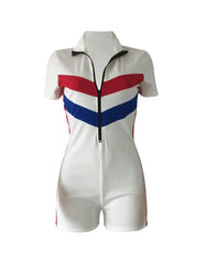 Casual Striped Bodysuits Summer Playsuits Bodycon Jumpsuit Shorts for Women Short Sleeve Turtleneck Zipper Romper - SHOWLU FASHION STORE