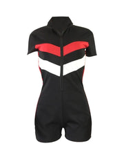 Casual Striped Bodysuits Summer Playsuits Bodycon Jumpsuit Shorts for Women Short Sleeve Turtleneck Zipper Romper - SHOWLU FASHION STORE