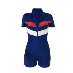 Casual Striped Bodysuits Summer Playsuits Bodycon Jumpsuit Shorts for Women Short Sleeve Turtleneck Zipper Romper - SHOWLU FASHION STORE