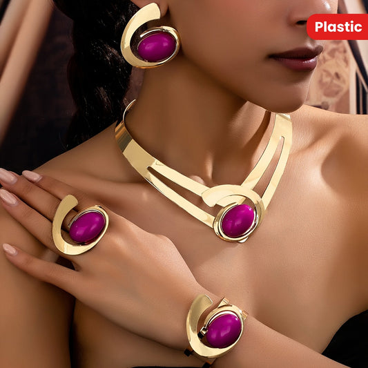 1 Set Elegant Vacation Style Women'S Jewelry Set - Asymmetric Gemstone Collar Necklace, Stud Earrings, Bracelet, and Ring - Plastic Inlay, Alloy Base, Perfect for Parties and Holidays, All-Season Wear SHOWLU FASHION STORE