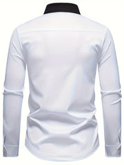 Men'S Casual Lapel Collar Long Sleeve Shirt Polyester Color Block Pattern with Button Details, Slight Stretch Fabric, 140g/m², Regular Fit, All-season, for Adult SHOWLU FASHION STORE