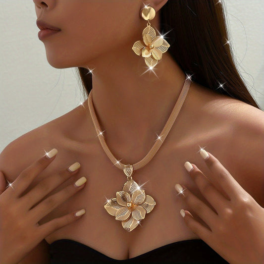 3pcs Elegant Golden Floral Jewelry Set - Luxurious Classic Style Necklace and Earrings with Textured Flower Design, Ideal for Weddings & Banquets, Vintage Jewelry SHOWLU FASHION STORE