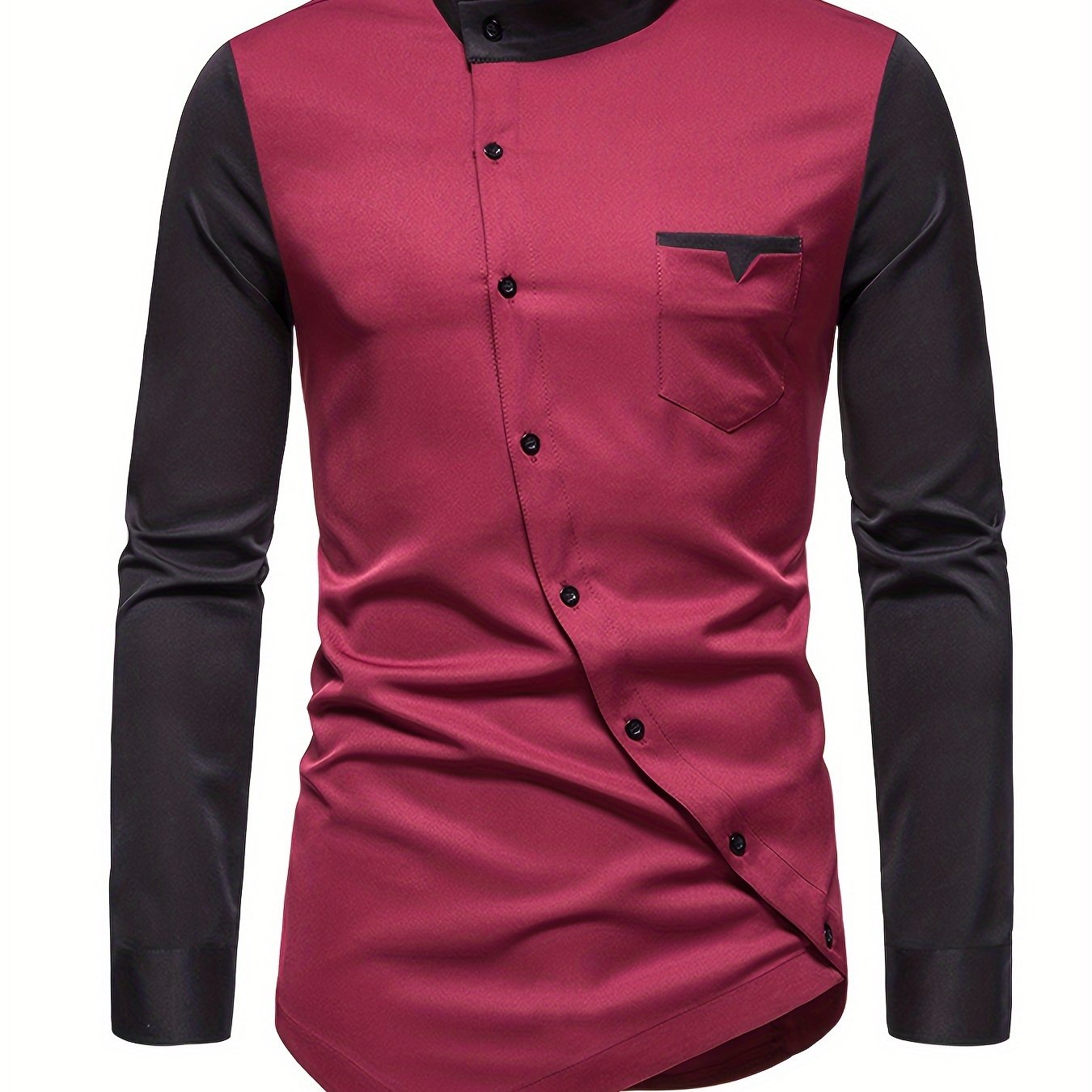 [Glossy Fabric] Stylish Men's Color Block Henley Shirt with Unique Slant Button Detail - Casual Stand Collar, Long Sleeve, Polyester Blend, Machine Washable - Perfect for All Seasons SHOWLU FASHION STORE