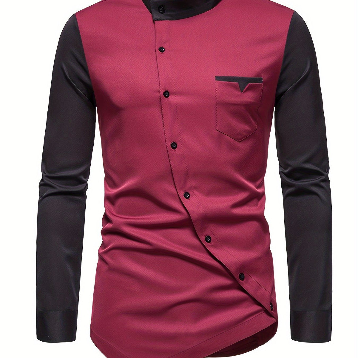 [Glossy Fabric] Stylish Men's Color Block Henley Shirt with Unique Slant Button Detail - Casual Stand Collar, Long Sleeve, Polyester Blend, Machine Washable - Perfect for All Seasons SHOWLU FASHION STORE