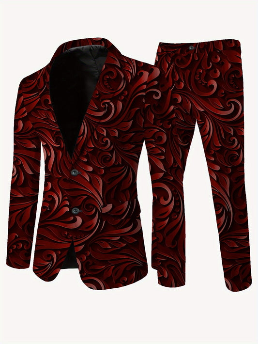 Men'S Casual Blazer and Trousers Set - Stylish Red Floral Pattern, Slim Fit, Polyester, Long Sleeve with Pockets, Perfect for All Seasons SHOWLU FASHION STORE