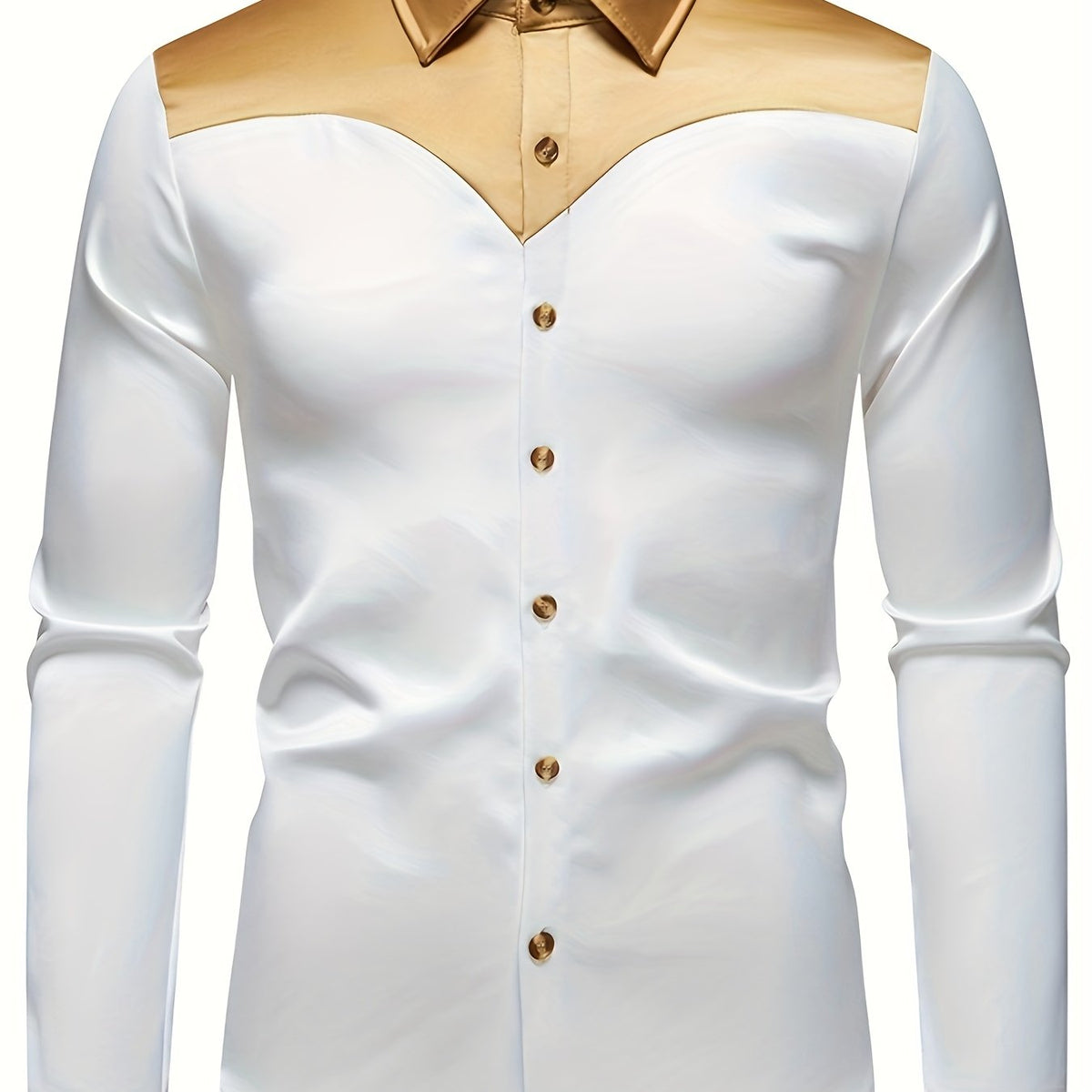 Men'S Silky Smooth Color Block Long Sleeve Button-Up Shirt - Black with Golden Accents, Casual Lapel Style, Polyester Blend, Perfect for All Seasons SHOWLU FASHION STORE
