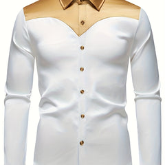 Men'S Silky Smooth Color Block Long Sleeve Button-Up Shirt - Black with Golden Accents, Casual Lapel Style, Polyester Blend, Perfect for All Seasons SHOWLU FASHION STORE
