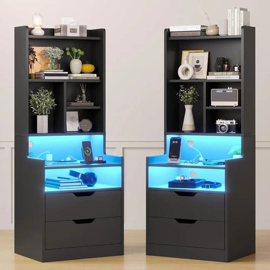 Charging Nightstand Set of 2 with LED Lights,Tall Night Stand with Bookshelf,Bedside Table with Drawers,Black Side Tables - SHOWLU FASHION STORE