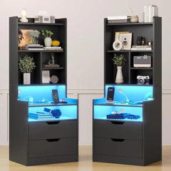 Charging Nightstand Set of 2 with LED Lights,Tall Night Stand with Bookshelf,Bedside Table with Drawers,Black Side Tables - SHOWLU FASHION STORE
