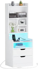 Charging Nightstand Set of 2 with LED Lights,Tall Night Stand with Bookshelf,Bedside Table with Drawers,Black Side Tables - SHOWLU FASHION STORE