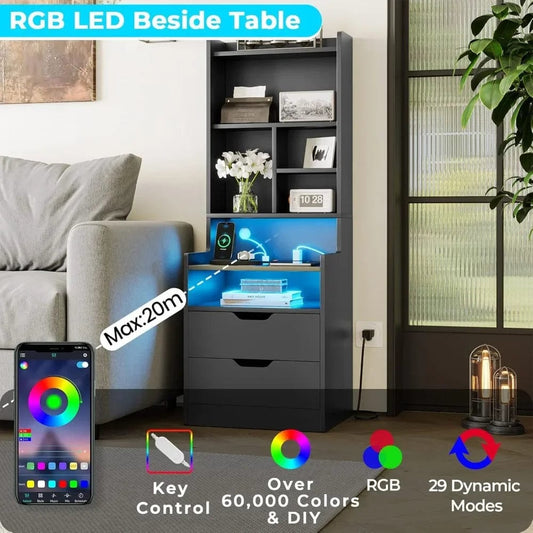 Charging Nightstand Set of 2 with LED Lights,Tall Night Stand with Bookshelf,Bedside Table with Drawers,Black Side Tables - SHOWLU FASHION STORE