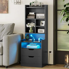 Charging Nightstand Set of 2 with LED Lights,Tall Night Stand with Bookshelf,Bedside Table with Drawers,Black Side Tables - SHOWLU FASHION STORE