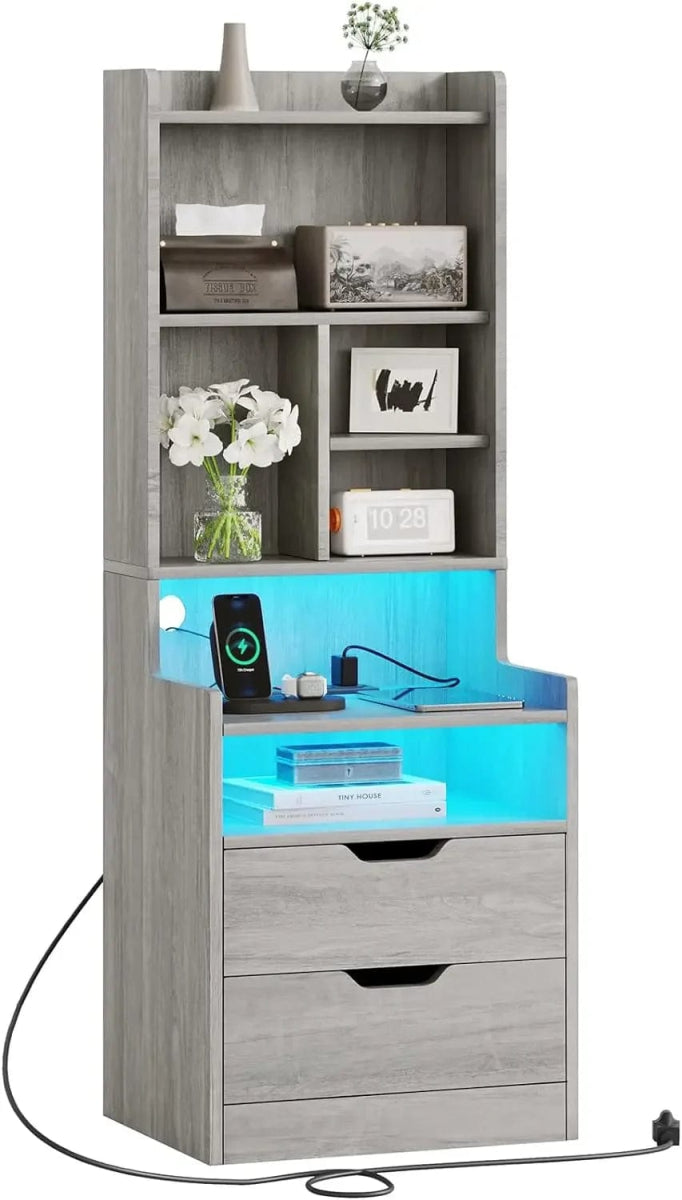 Charging Nightstand Set of 2 with LED Lights,Tall Night Stand with Bookshelf,Bedside Table with Drawers,Black Side Tables - SHOWLU FASHION STORE