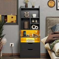 Charging Nightstand Set of 2 with LED Lights,Tall Night Stand with Bookshelf,Bedside Table with Drawers,Black Side Tables - SHOWLU FASHION STORE