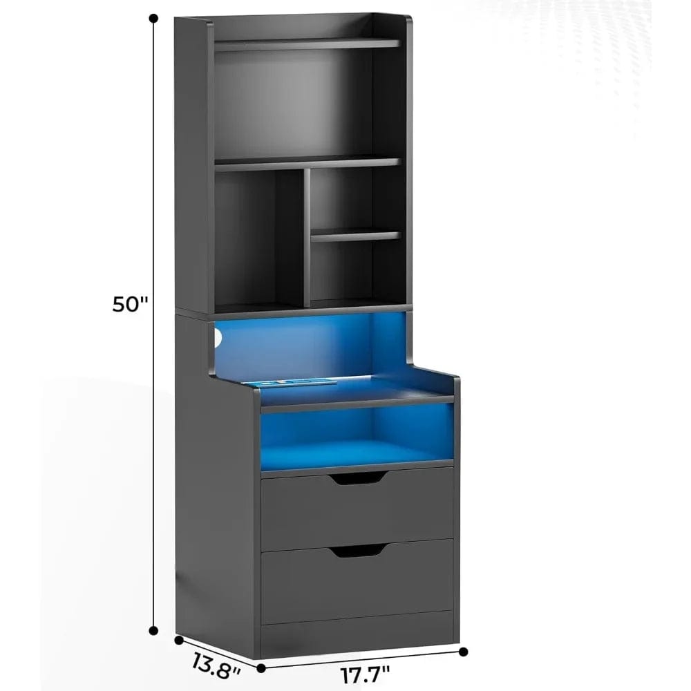 Charging Nightstand Set of 2 with LED Lights,Tall Night Stand with Bookshelf,Bedside Table with Drawers,Black Side Tables - SHOWLU FASHION STORE