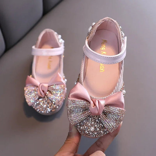 Children Leather Shoes Rhinestone Bow Princess Girls Party Dance Shoes Baby Student Flats Kids Performance Shoes D785 - SHOWLU FASHION STORE