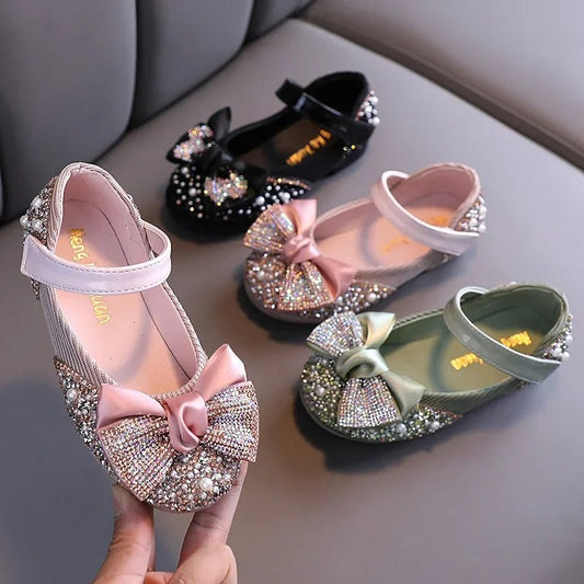Children Leather Shoes Rhinestone Bow Princess Girls Party Dance Shoes Baby Student Flats Kids Performance Shoes D785 - SHOWLU FASHION STORE