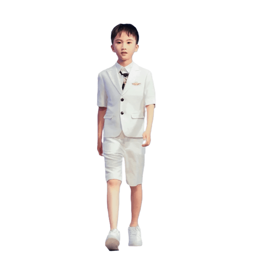 Children's Business Suit Summer Short - Sleeved Boy's Small Suit Birthday Flower Children's Dress Host Costume for Piano Performance White - SHOWLU FASHION STORE