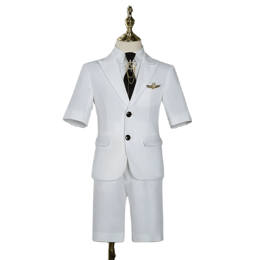 Children's Business Suit Summer Short - Sleeved Boy's Small Suit Birthday Flower Children's Dress Host Costume for Piano Performance White - SHOWLU FASHION STORE