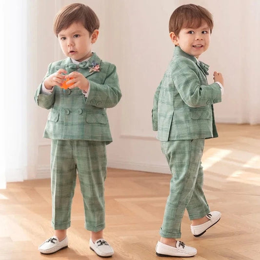 Children's Flormal Plaid Dress Suit Set Baby Boy Autumn Wedding Party Banquet Costume Kids Double Breasted Blazer Pants Bowtie - SHOWLU FASHION STORE