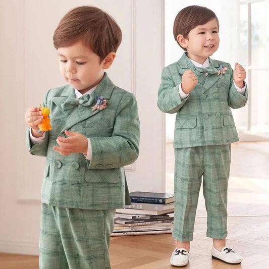 Children's Flormal Plaid Dress Suit Set Baby Boy Autumn Wedding Party Banquet Costume Kids Double Breasted Blazer Pants Bowtie - SHOWLU FASHION STORE