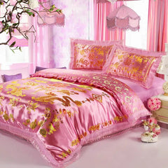 Chinese Wedding Bedding Sets Luxury Gold Loong Phoenix Floral Embroidered Jacquard Satin Lace Duvet Cover Bed Sheet Pillowcases - SHOWLU FASHION STORE