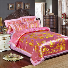 Chinese Wedding Bedding Sets Luxury Gold Loong Phoenix Floral Embroidered Jacquard Satin Lace Duvet Cover Bed Sheet Pillowcases - SHOWLU FASHION STORE