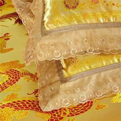 Chinese Wedding Bedding Sets Luxury Gold Loong Phoenix Floral Embroidered Jacquard Satin Lace Duvet Cover Bed Sheet Pillowcases - SHOWLU FASHION STORE