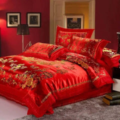 Chinese Wedding Bedding Sets Luxury Gold Loong Phoenix Floral Embroidered Jacquard Satin Lace Duvet Cover Bed Sheet Pillowcases - SHOWLU FASHION STORE