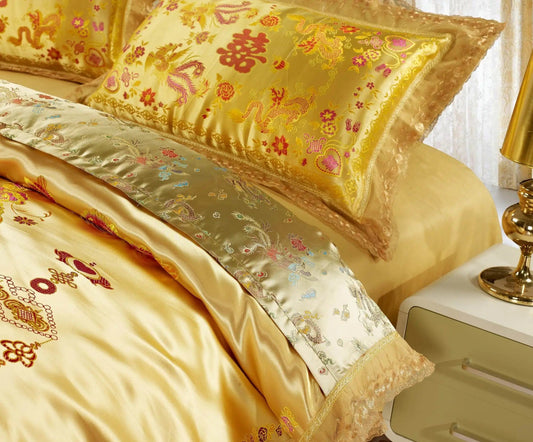 Chinese Wedding Bedding Sets Luxury Gold Loong Phoenix Floral Embroidered Jacquard Satin Lace Duvet Cover Bed Sheet Pillowcases - SHOWLU FASHION STORE