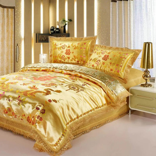 Chinese Wedding Bedding Sets Luxury Gold Loong Phoenix Floral Embroidered Jacquard Satin Lace Duvet Cover Bed Sheet Pillowcases - SHOWLU FASHION STORE