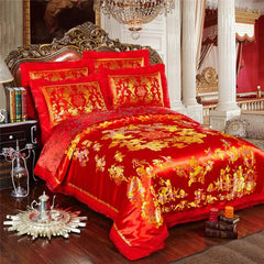 Chinese Wedding Bedding Sets Luxury Gold Loong Phoenix Floral Embroidered Jacquard Satin Lace Duvet Cover Bed Sheet Pillowcases - SHOWLU FASHION STORE