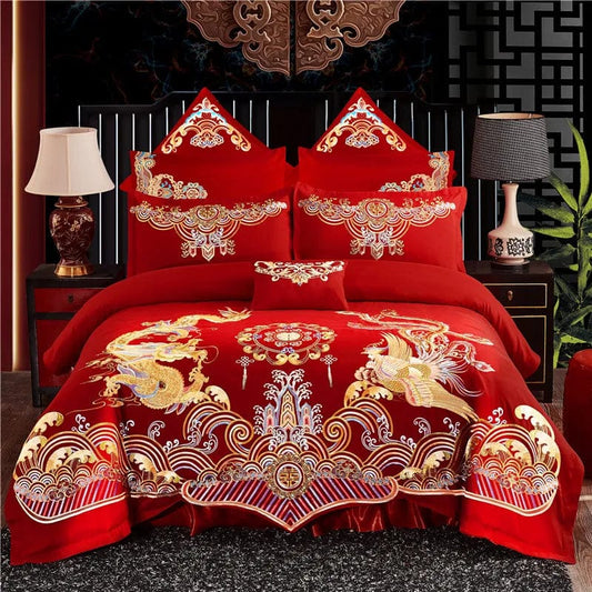 Chinese wedding four - piece set big red embroidered newlywed bedding wedding festive set dragon and phoenix quilt embroidered bedding bed sheets quilt cover - SHOWLU FASHION STORE