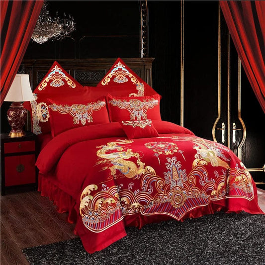Chinese wedding four - piece set big red embroidered newlywed bedding wedding festive set dragon and phoenix quilt embroidered bedding bed sheets quilt cover - SHOWLU FASHION STORE