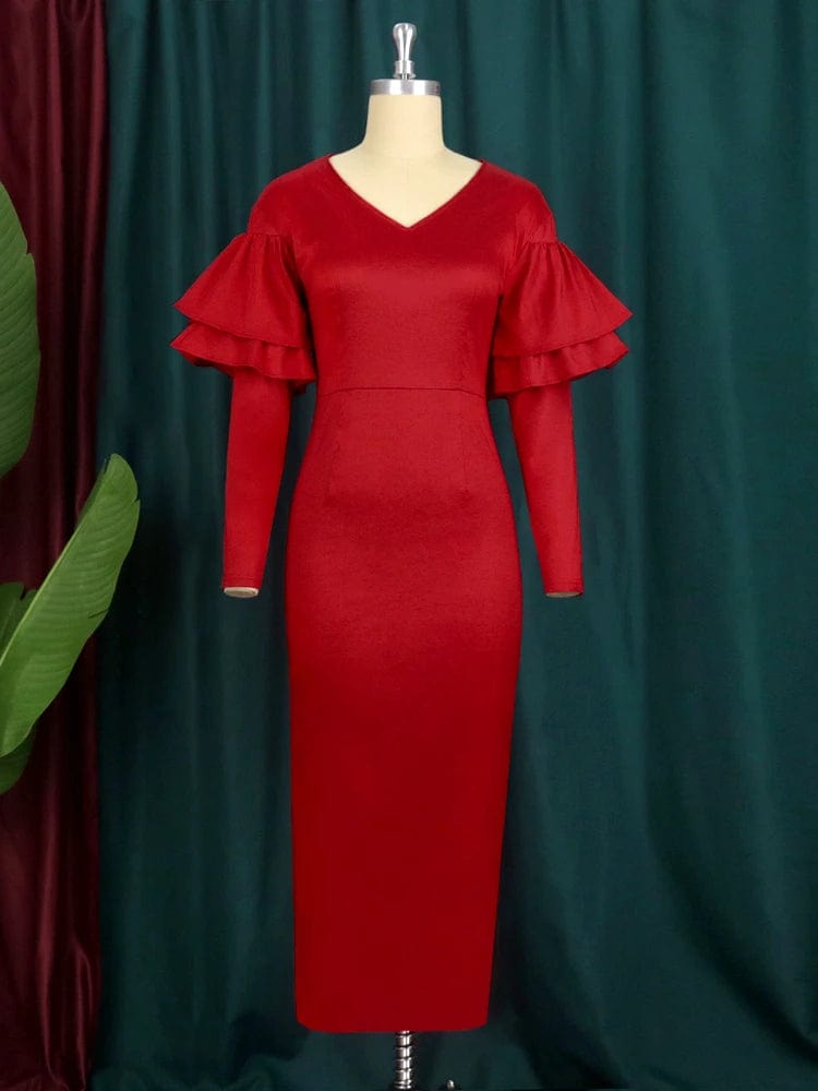 Christmas Dress V Neck Long Flare Sleeve Bodycon Green Red Midi Length Plus Size Dresses for Women Party Evening Wnter 2023 New - SHOWLU FASHION STORE