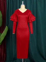 Christmas Dress V Neck Long Flare Sleeve Bodycon Green Red Midi Length Plus Size Dresses for Women Party Evening Wnter 2023 New - SHOWLU FASHION STORE