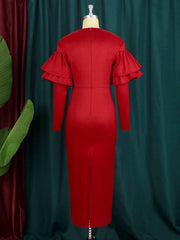 Christmas Dress V Neck Long Flare Sleeve Bodycon Green Red Midi Length Plus Size Dresses for Women Party Evening Wnter 2023 New - SHOWLU FASHION STORE