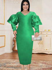 Christmas Dress V Neck Long Flare Sleeve Bodycon Green Red Midi Length Plus Size Dresses for Women Party Evening Wnter 2023 New - SHOWLU FASHION STORE
