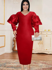 Christmas Dress V Neck Long Flare Sleeve Bodycon Green Red Midi Length Plus Size Dresses for Women Party Evening Wnter 2023 New - SHOWLU FASHION STORE
