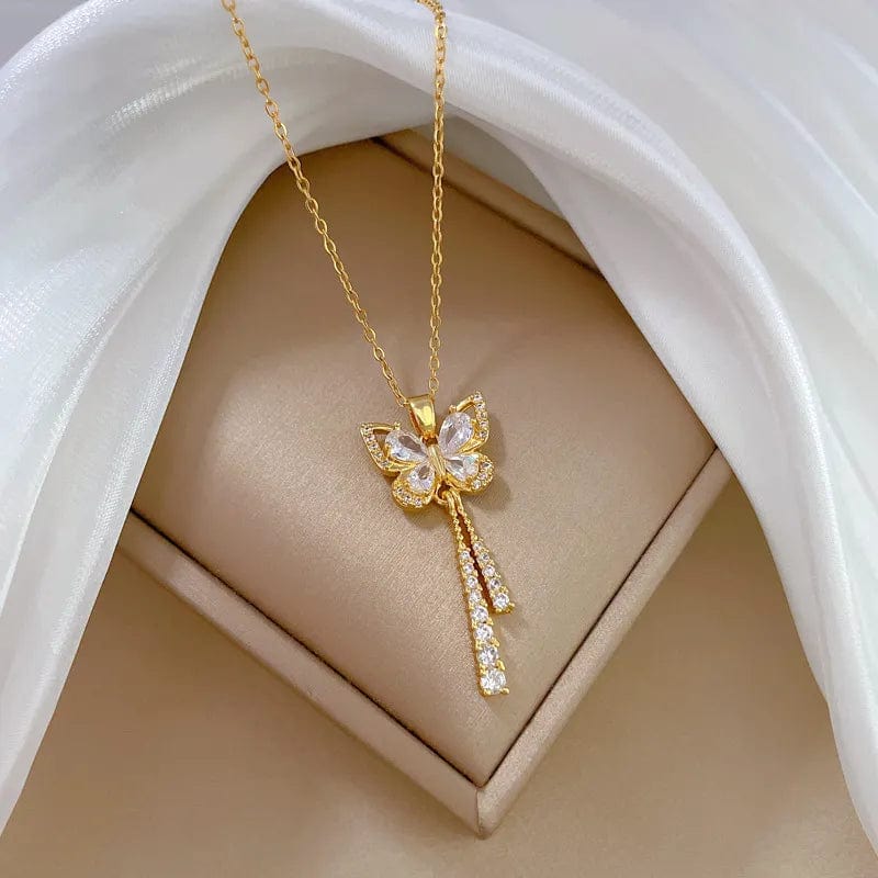 Classic Charming Romantic White Tassel Butterfly Necklace Fashionable Micro - inlaid Temperament Versatile Stainless Steel Gift - SHOWLU FASHION STORE