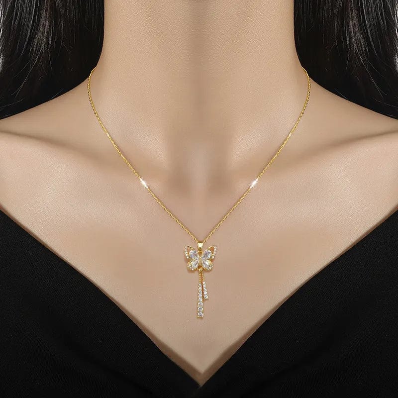 Classic Charming Romantic White Tassel Butterfly Necklace Fashionable Micro - inlaid Temperament Versatile Stainless Steel Gift - SHOWLU FASHION STORE