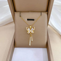 Classic Charming Romantic White Tassel Butterfly Necklace Fashionable Micro - inlaid Temperament Versatile Stainless Steel Gift - SHOWLU FASHION STORE