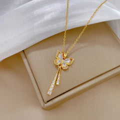 Classic Charming Romantic White Tassel Butterfly Necklace Fashionable Micro - inlaid Temperament Versatile Stainless Steel Gift - SHOWLU FASHION STORE